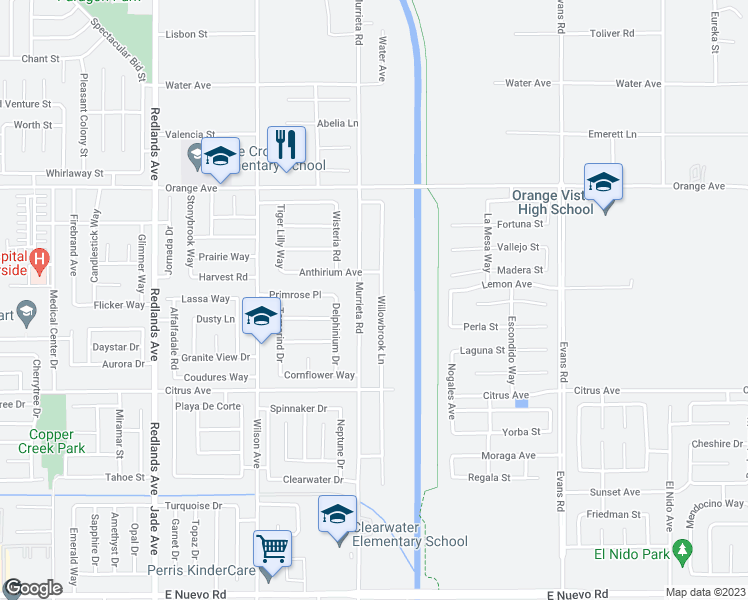 map of restaurants, bars, coffee shops, grocery stores, and more near 2194 Willowbrook Lane in Perris