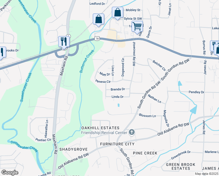 map of restaurants, bars, coffee shops, grocery stores, and more near 1984 Brenda Drive in Austell