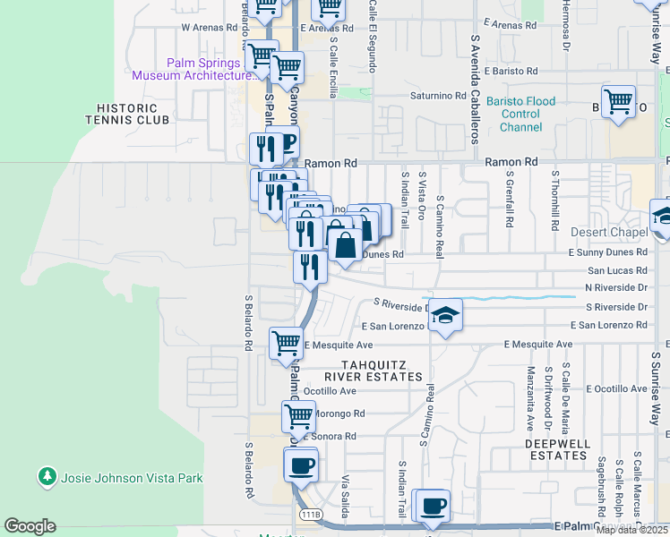 map of restaurants, bars, coffee shops, grocery stores, and more near in Palm Springs