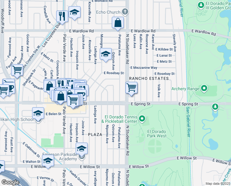 map of restaurants, bars, coffee shops, grocery stores, and more near 3032 Ostrom Avenue in Long Beach