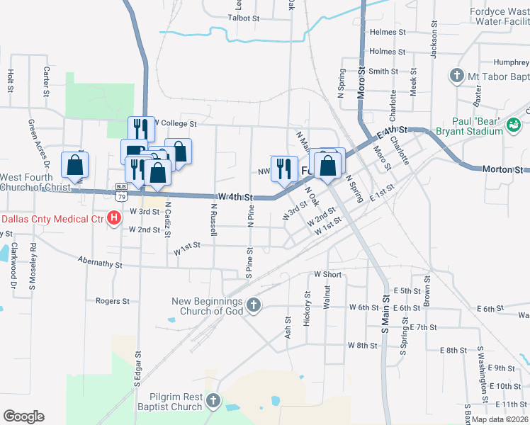 map of restaurants, bars, coffee shops, grocery stores, and more near 306 South Pine Street in Fordyce