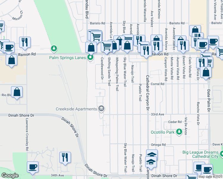 map of restaurants, bars, coffee shops, grocery stores, and more near 32582 Shifting Sands Trail in Cathedral City
