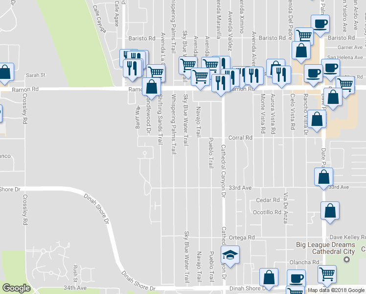 map of restaurants, bars, coffee shops, grocery stores, and more near 32581 Sky Blue Water Trail in Cathedral City