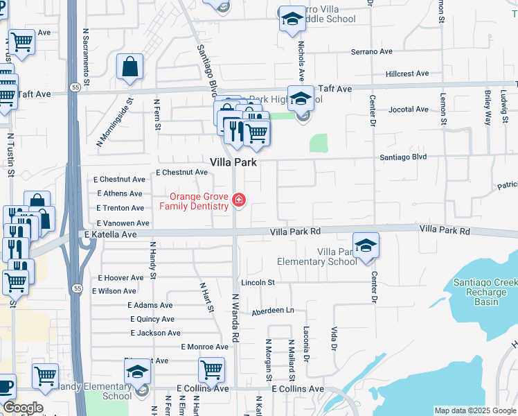 map of restaurants, bars, coffee shops, grocery stores, and more near 3106 East Trenton Avenue in Orange