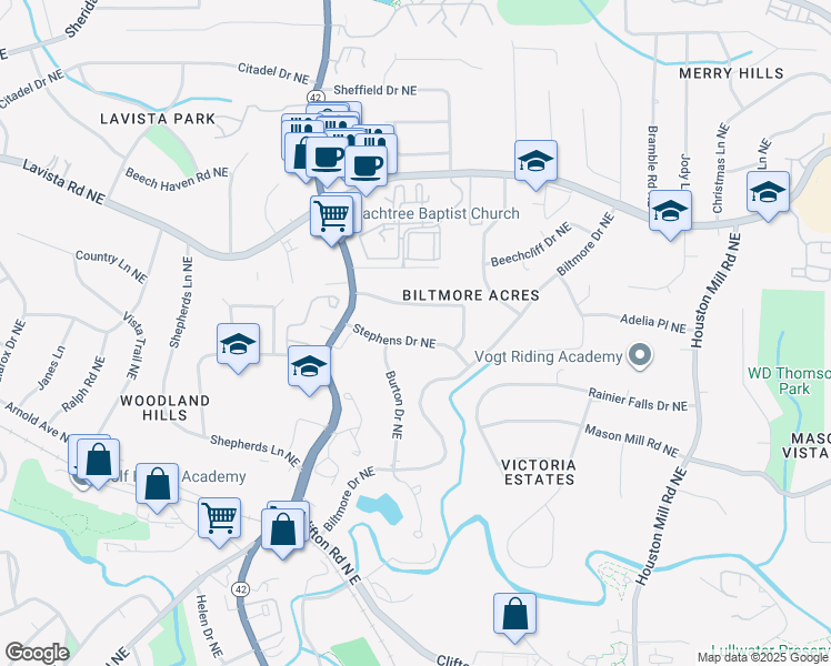 map of restaurants, bars, coffee shops, grocery stores, and more near 1420 Stephens Drive Northeast in Atlanta