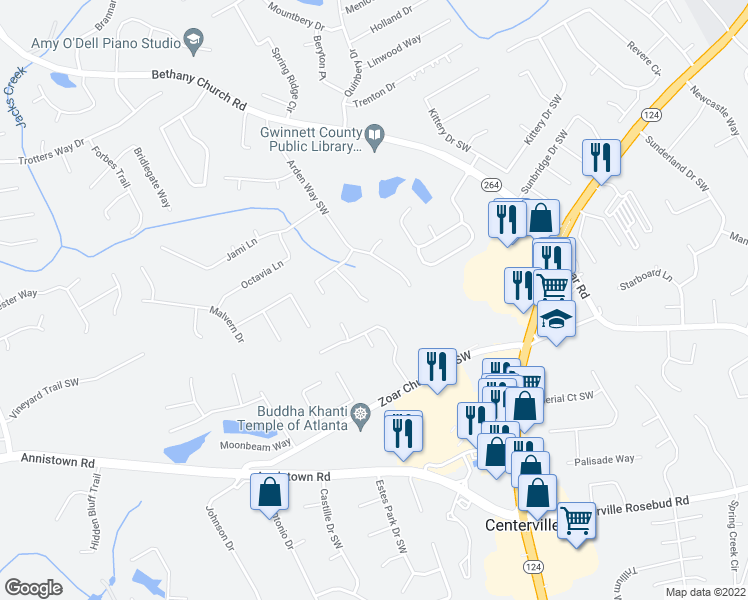 map of restaurants, bars, coffee shops, grocery stores, and more near 3190 Woodbridge Court in Snellville
