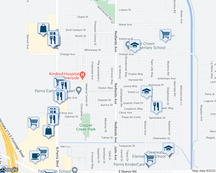 map of restaurants, bars, coffee shops, grocery stores, and more near 346 Flicker Way in Perris