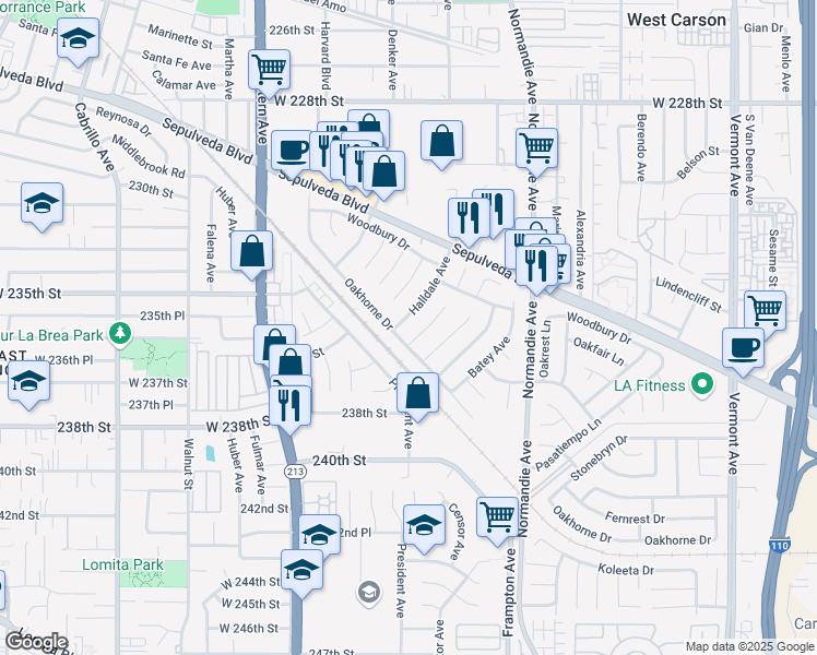 map of restaurants, bars, coffee shops, grocery stores, and more near 23438 Halldale Avenue in Los Angeles