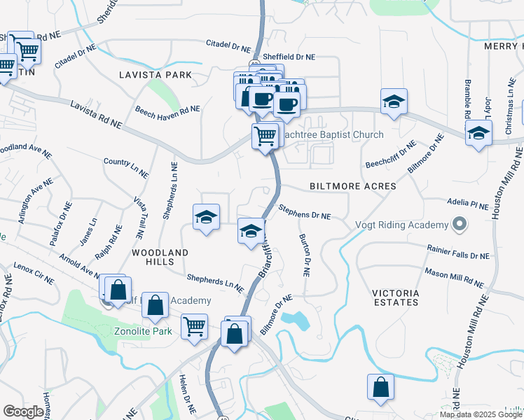 map of restaurants, bars, coffee shops, grocery stores, and more near 1273 Euclade Court Northeast in Atlanta