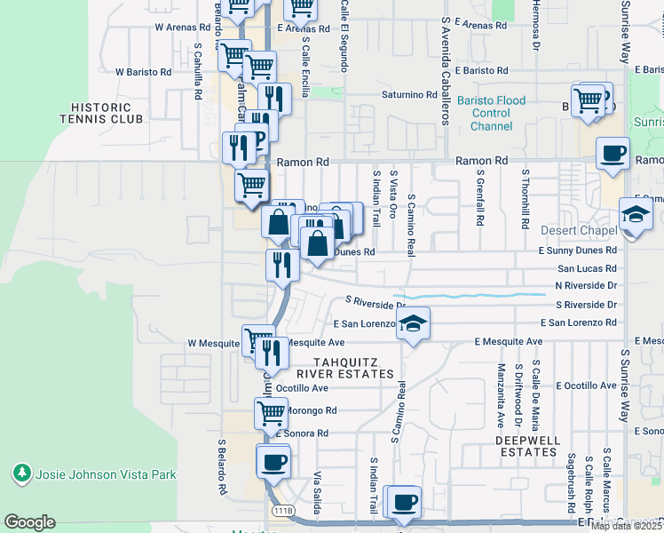 map of restaurants, bars, coffee shops, grocery stores, and more near 550 Industrial Place East in Palm Springs