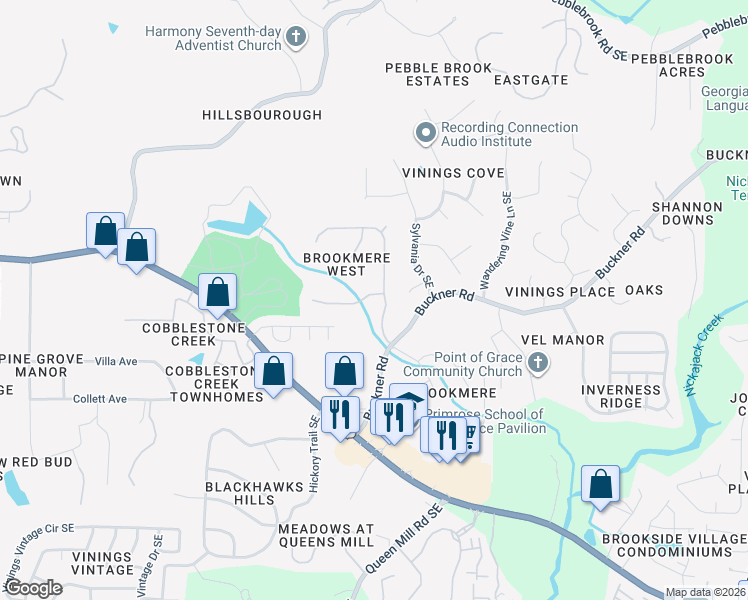 map of restaurants, bars, coffee shops, grocery stores, and more near 790 Creek Glen Road Southeast in Mableton