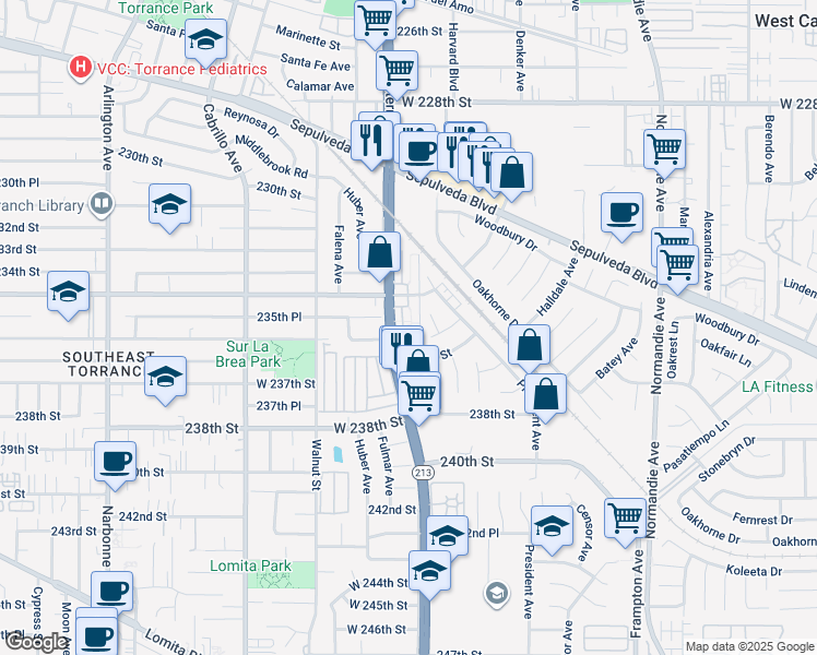 map of restaurants, bars, coffee shops, grocery stores, and more near 23552 South Western Avenue in Los Angeles