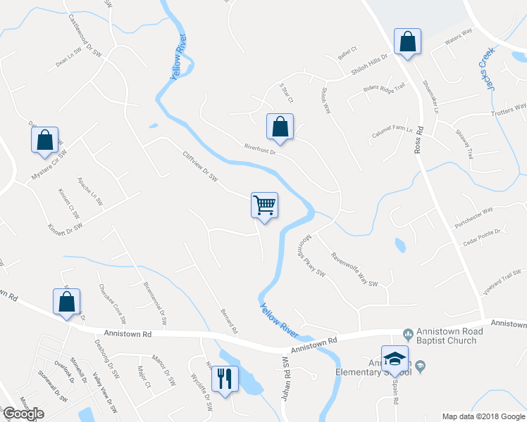 map of restaurants, bars, coffee shops, grocery stores, and more near 2781 Cliffview Drive Southwest in Lilburn
