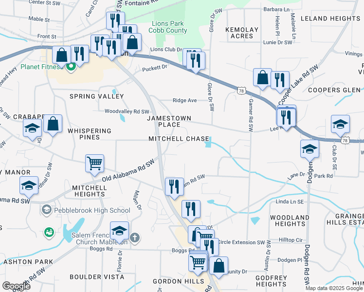 map of restaurants, bars, coffee shops, grocery stores, and more near 5815 Mitchell Chase Trail in Mableton