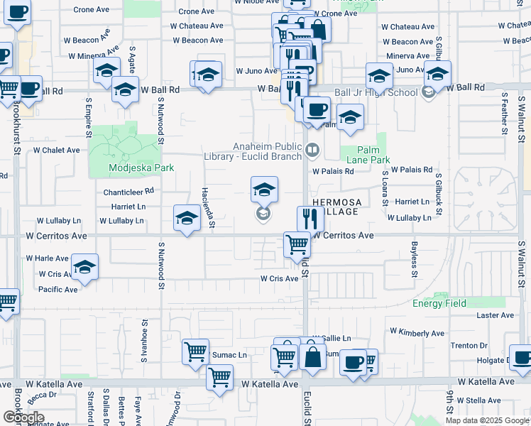 map of restaurants, bars, coffee shops, grocery stores, and more near 1765 West Cerritos Avenue in Anaheim