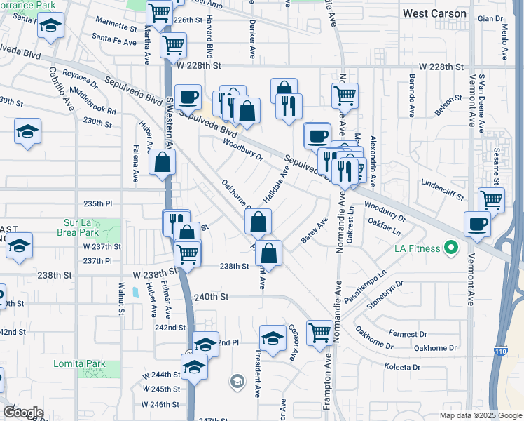 map of restaurants, bars, coffee shops, grocery stores, and more near 23438 Halldale Avenue in Los Angeles