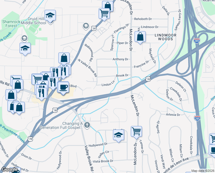 map of restaurants, bars, coffee shops, grocery stores, and more near 3055 Lindon Lane in Decatur
