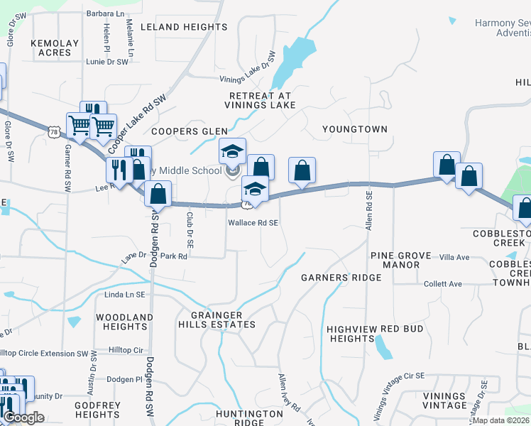 map of restaurants, bars, coffee shops, grocery stores, and more near 76 Veterans Memorial Highway Southeast in Mableton