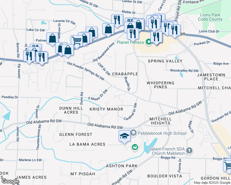 map of restaurants, bars, coffee shops, grocery stores, and more near 1035 Old Powder Springs Road Southwest in Mableton