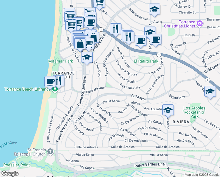 map of restaurants, bars, coffee shops, grocery stores, and more near 640 Calle Miramar in Redondo Beach