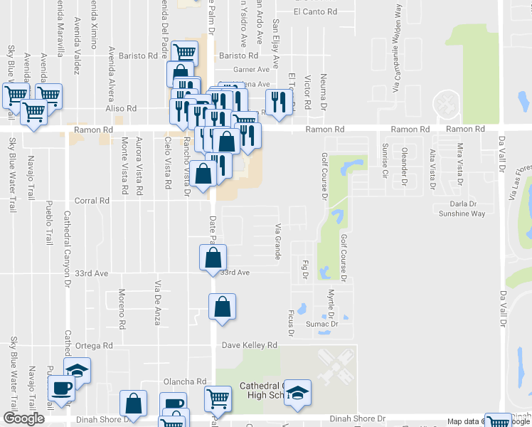 map of restaurants, bars, coffee shops, grocery stores, and more near 1142 Vía Feliz in Cathedral City