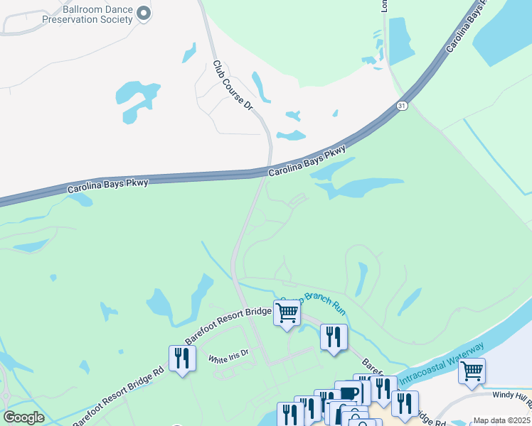 map of restaurants, bars, coffee shops, grocery stores, and more near 201-205 Pete Dye Drive in North Myrtle Beach