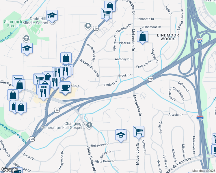 map of restaurants, bars, coffee shops, grocery stores, and more near 3055 Lindon Lane in Decatur