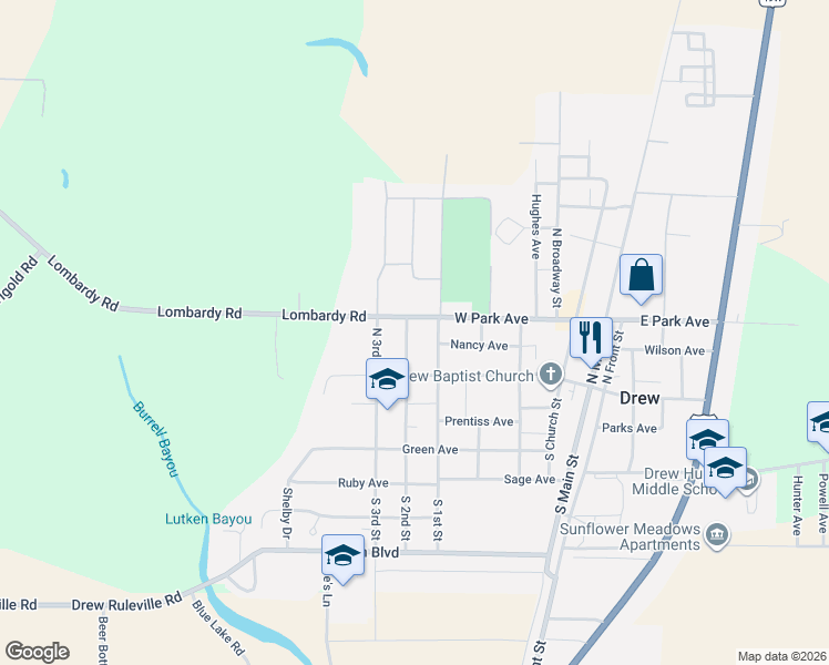 map of restaurants, bars, coffee shops, grocery stores, and more near 100-198 N 2nd St in Drew