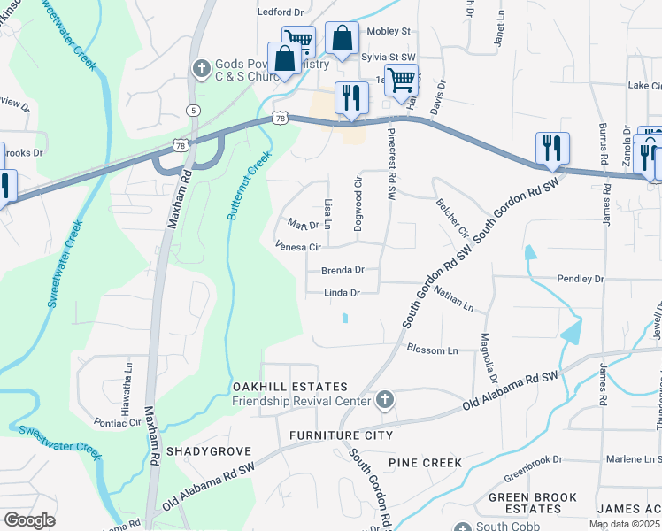 map of restaurants, bars, coffee shops, grocery stores, and more near 1962 Brenda Drive in Austell