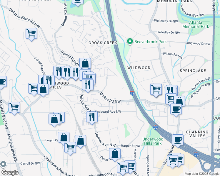 map of restaurants, bars, coffee shops, grocery stores, and more near 1101 Collier Road Northwest in Atlanta