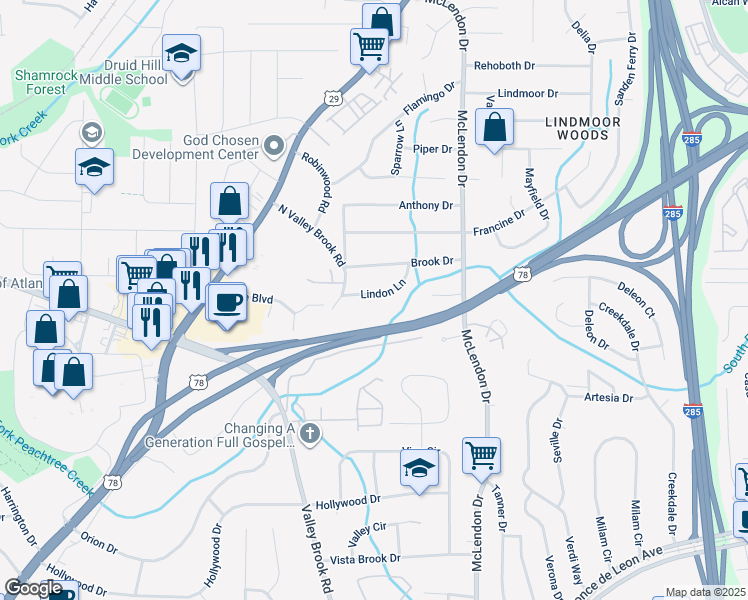 map of restaurants, bars, coffee shops, grocery stores, and more near 3045 Lindon Lane in Decatur