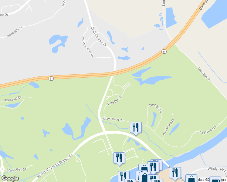 map of restaurants, bars, coffee shops, grocery stores, and more near 205 Pete Dye Drive in North Myrtle Beach
