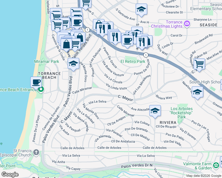 map of restaurants, bars, coffee shops, grocery stores, and more near 301 Via Linda Vista in Redondo Beach