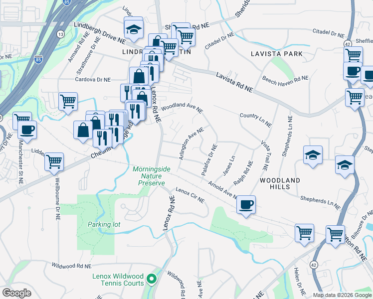 map of restaurants, bars, coffee shops, grocery stores, and more near 2087 Arlington Avenue Northeast in Atlanta