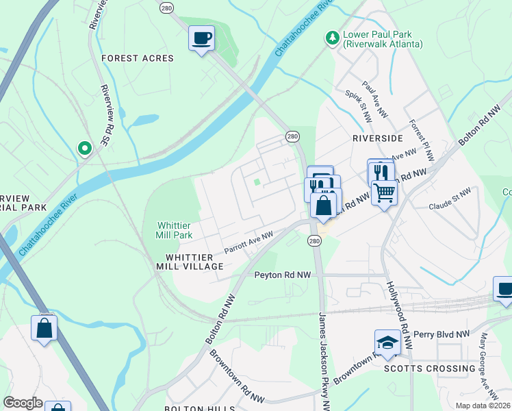 map of restaurants, bars, coffee shops, grocery stores, and more near 2072 Garrison Way Northwest in Atlanta