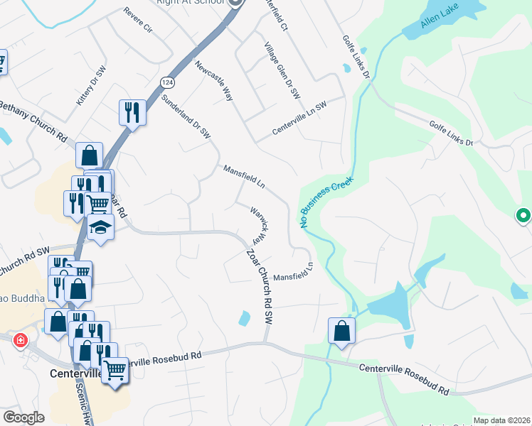 map of restaurants, bars, coffee shops, grocery stores, and more near 3454 Warwick Way in Snellville