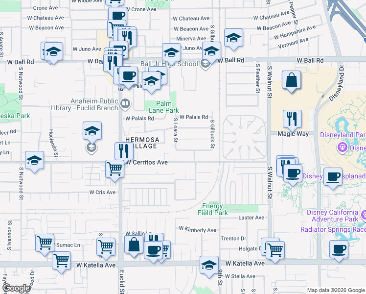 map of restaurants, bars, coffee shops, grocery stores, and more near 1575 West Lullaby Lane in Anaheim