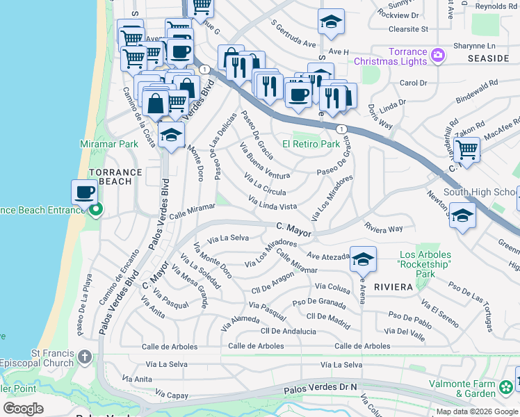 map of restaurants, bars, coffee shops, grocery stores, and more near 301 Via Linda Vista in Redondo Beach