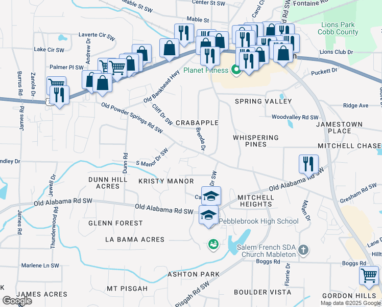 map of restaurants, bars, coffee shops, grocery stores, and more near 997 Old Powder Springs Road Southwest in Mableton