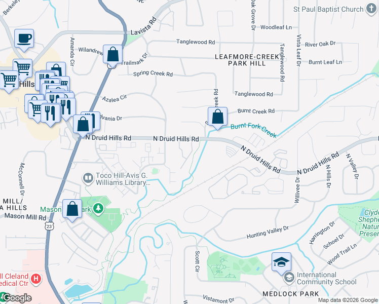 map of restaurants, bars, coffee shops, grocery stores, and more near 1136 Moorestown Circle in Decatur