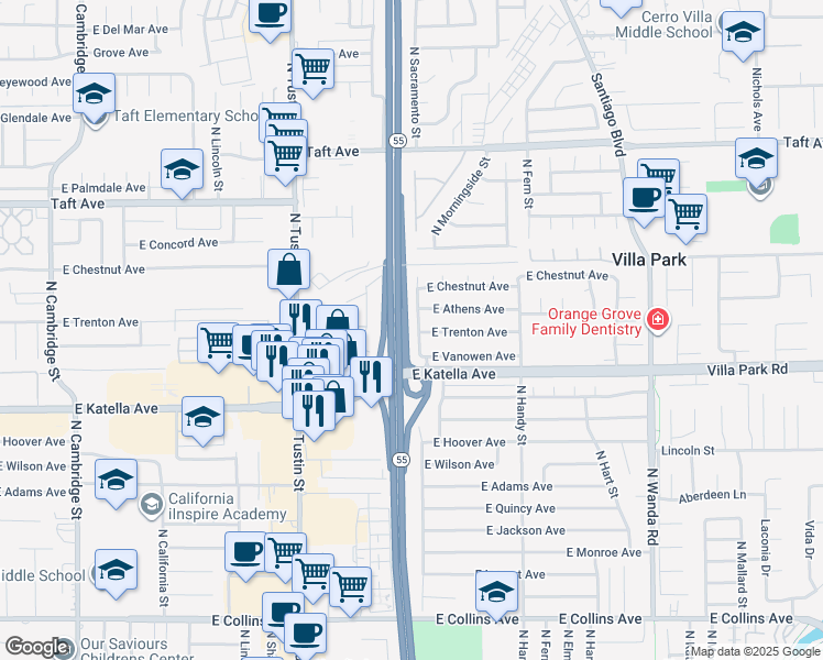 map of restaurants, bars, coffee shops, grocery stores, and more near 1420 North Sacramento Street in Orange