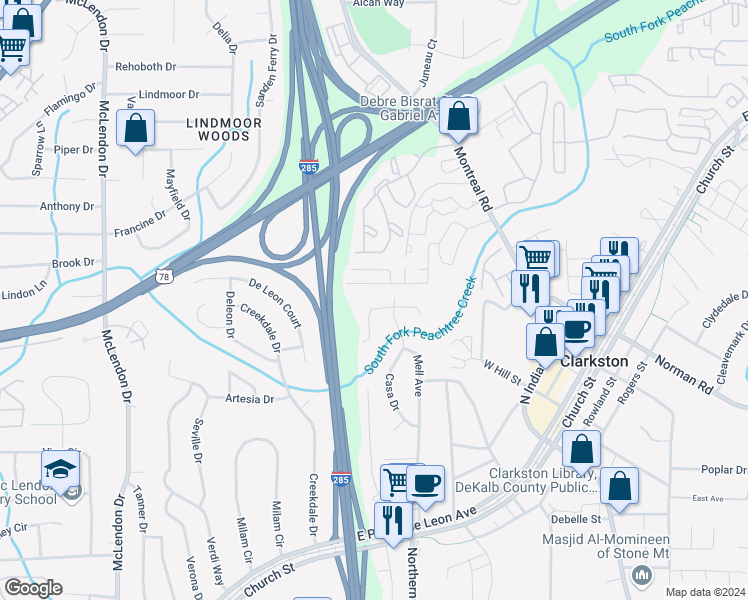 map of restaurants, bars, coffee shops, grocery stores, and more near 3450 Casa Woods Lane in Clarkston
