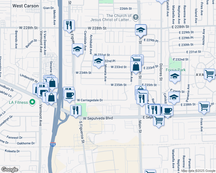 map of restaurants, bars, coffee shops, grocery stores, and more near 23502 Moneta Avenue in Carson