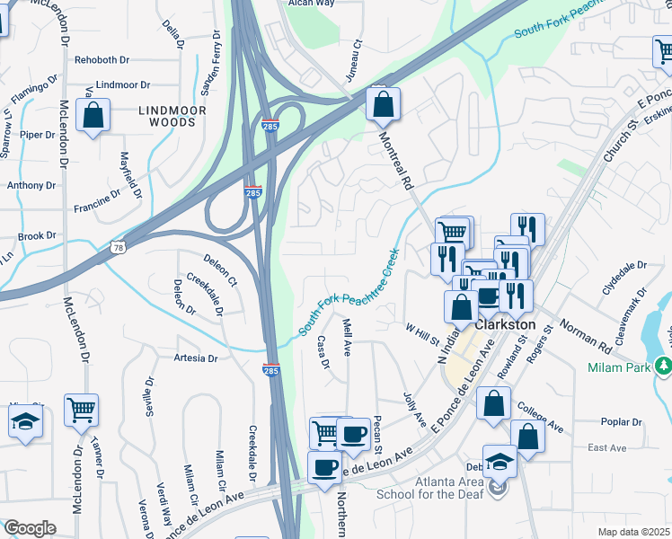 map of restaurants, bars, coffee shops, grocery stores, and more near 3490 Casa Woods Lane in Clarkston
