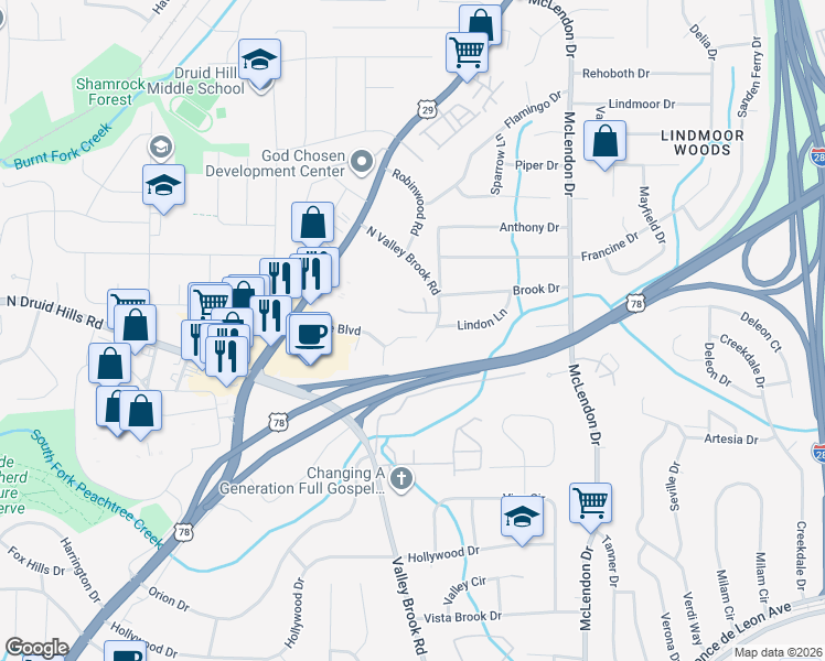 map of restaurants, bars, coffee shops, grocery stores, and more near 2064 Brian Way in Decatur