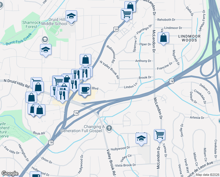 map of restaurants, bars, coffee shops, grocery stores, and more near 2064 Brian Way in Decatur