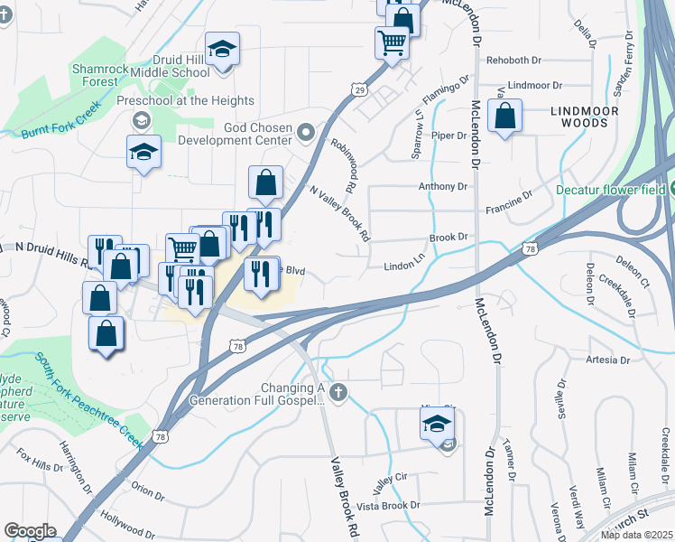 map of restaurants, bars, coffee shops, grocery stores, and more near 2064 Brian Way in Decatur