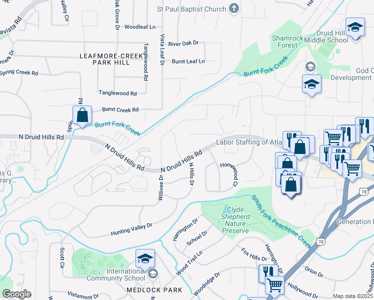 map of restaurants, bars, coffee shops, grocery stores, and more near 3574 North Druid Hills Road in Decatur