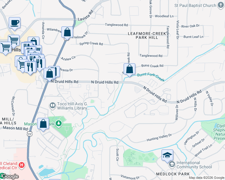 map of restaurants, bars, coffee shops, grocery stores, and more near 1136 Moorestown Circle in Decatur