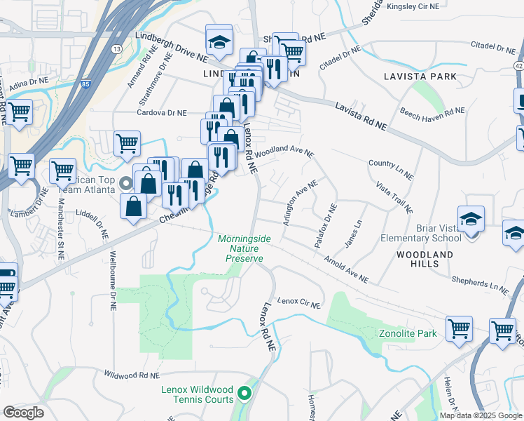 map of restaurants, bars, coffee shops, grocery stores, and more near 2089 Lenox Road Northeast in Atlanta